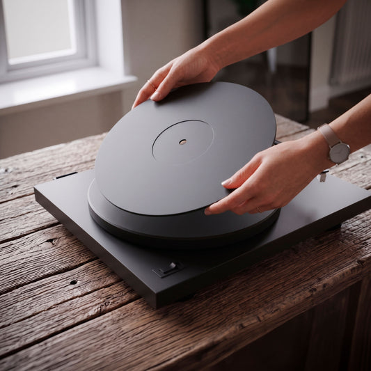 Close-up of the felt texture of the Keep Them Spinning turntable slipmat