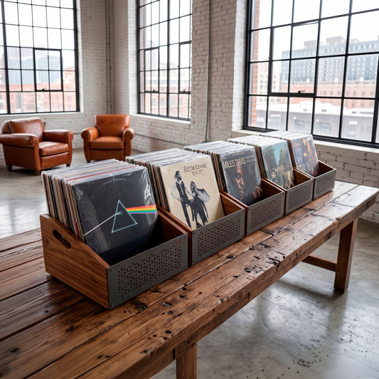 Fünf oben offene Vinyl-Schallplattenkisten aus Massivholz als Aufbewahrungsset für 300 LPs