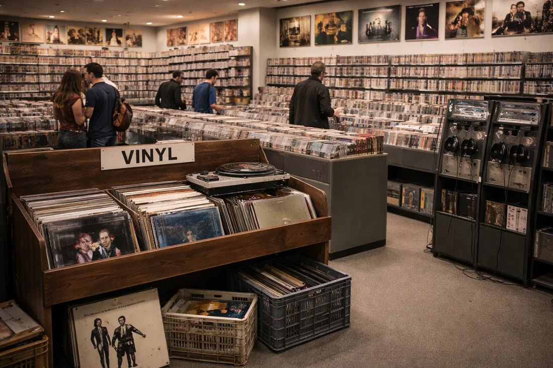 A vinyl record store from the 90's showing several people looking at the vinyl record stands