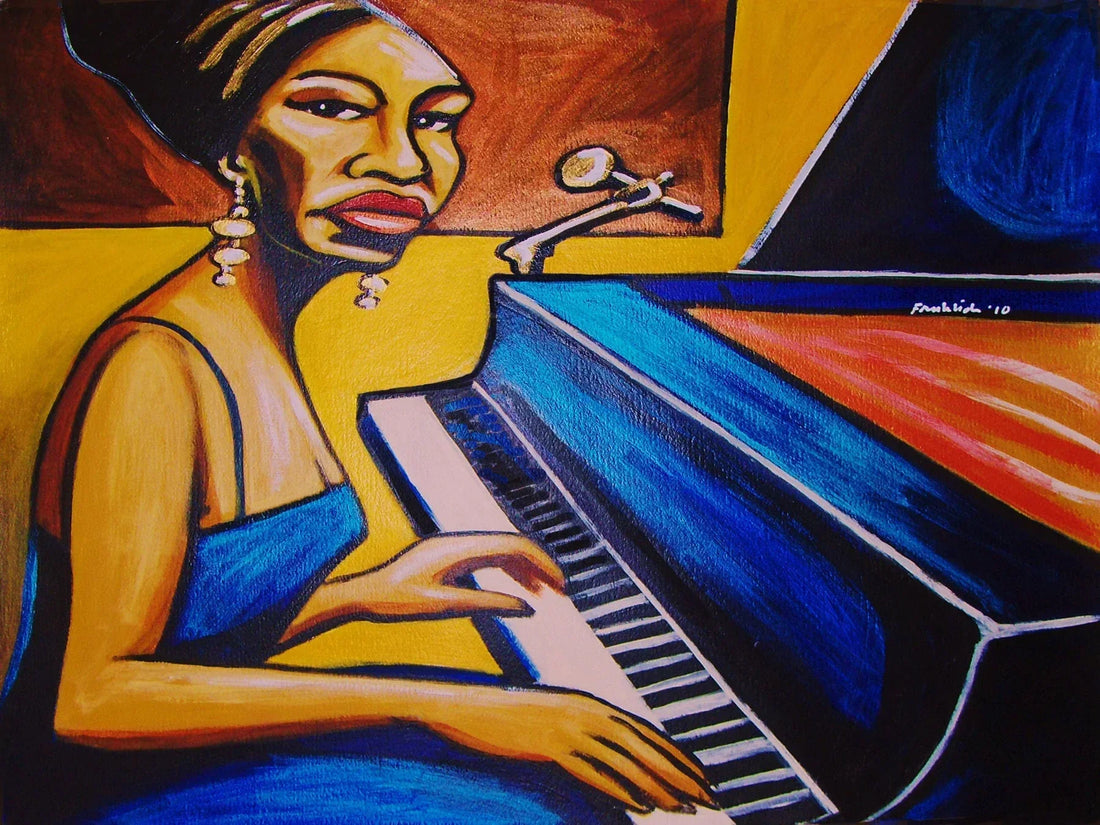 Colorful illustration of a Black jazz pianist playing a grand piano, depicted in a bold, expressive art style with vibrant blue, yellow, and red tones, evoking classic jazz music and performance energy.