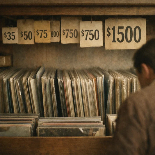 Vinyl records displayed in a record store with visible price tags, illustrating the cost of vinyl records, collectible albums, and music shopping experience.