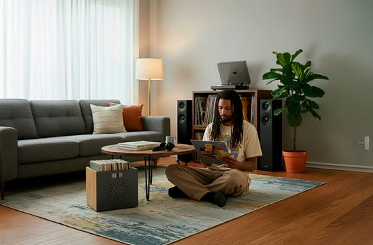 Vinyl enthusiast browsing record collection at home with turntable setup
