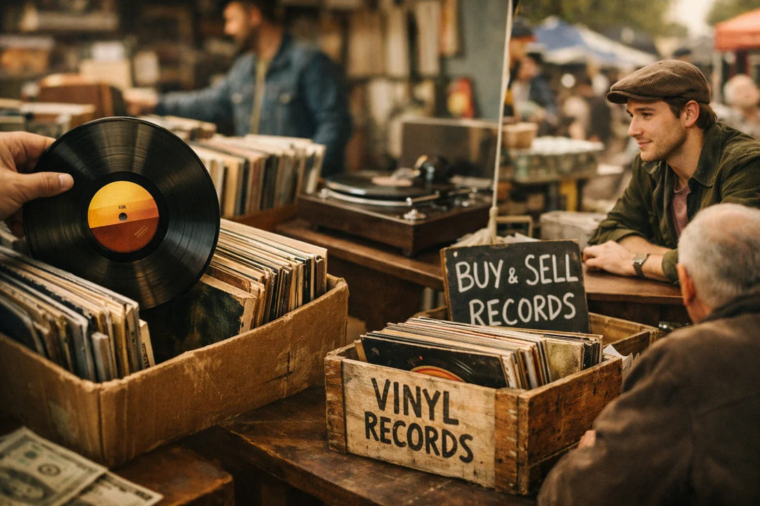 Vinyl record collectors browsing and trading records at an outdoor vinyl market.