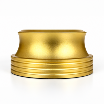 Side profile of the Gold Vinyl Record Stabilizer showing the machined ridges