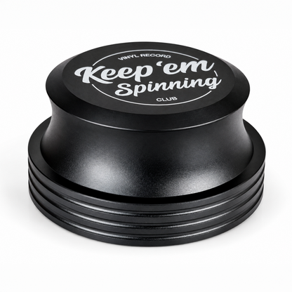 Vinyl Record Stabilizer in Black — anodized aluminum record weight with engraved logo