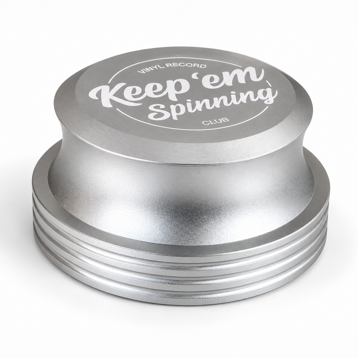 Vinyl Record Stabilizer in Silver — anodized aluminum record weight with engraved logo