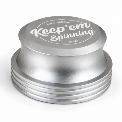 Vinyl Record Stabilizer in Silver — anodized aluminum record weight with engraved logo