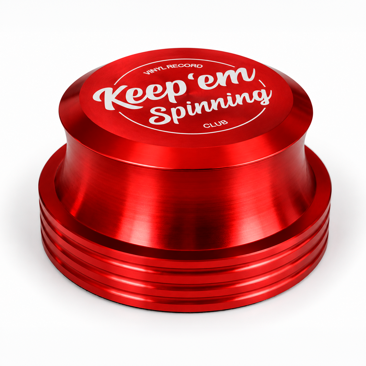 Vinyl Record Stabilizer in Red — anodized aluminum record weight with engraved logo