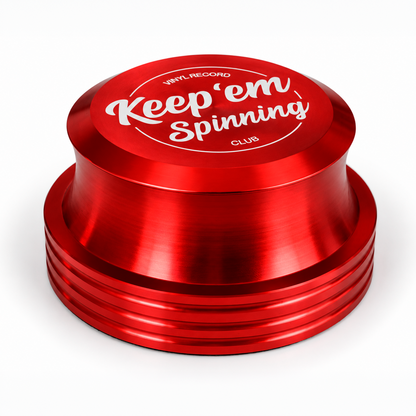 Vinyl Record Stabilizer in Red — anodized aluminum record weight with engraved logo
