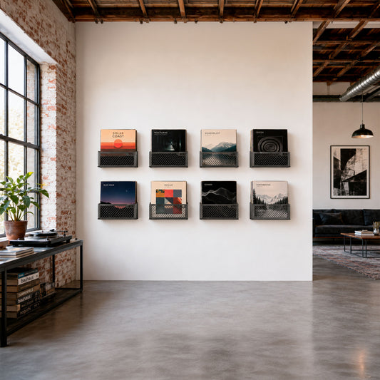 Pared de galería Flying V x8: ocho soportes de pared de acero que muestran 480 discos de vinilo boca arriba