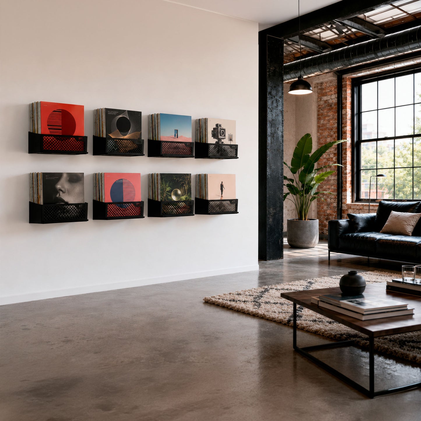 The Flying V x8 full gallery wall of vinyl records in a modern living room