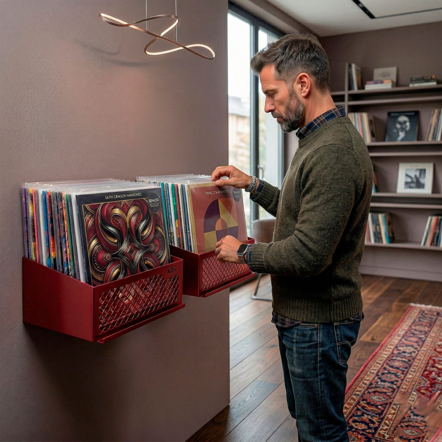 Flying V x2 wall-mounted vinyl display unit in orange with diamond mesh front panel and KTS logo