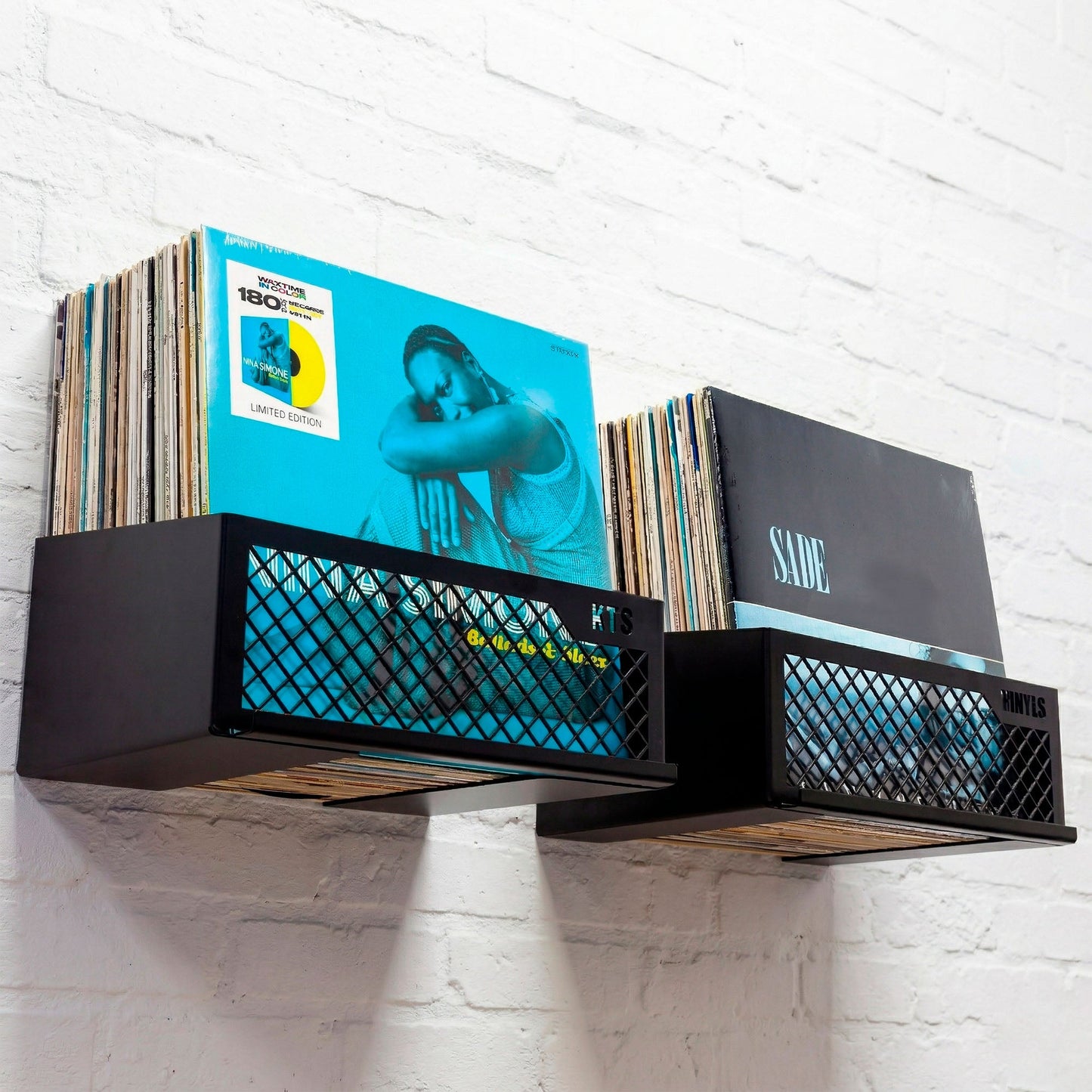 Flying V x8 vinyl record wall display in black with album covers facing out