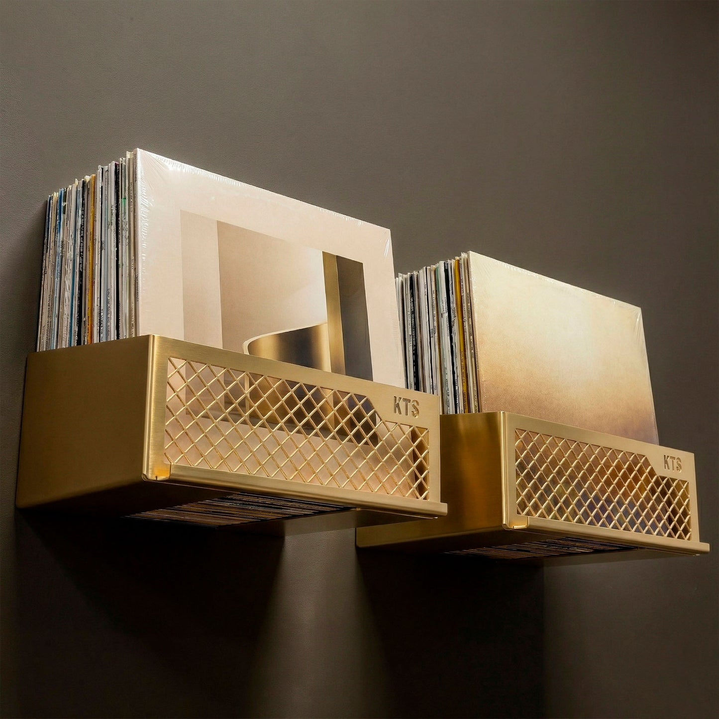 Flying V x2 wall-mounted LP record storage in red finish with diamond mesh detail and KTS branding