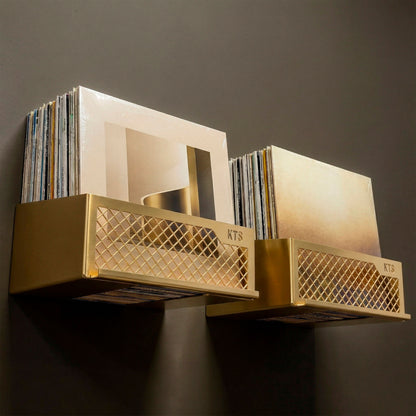 Flying V x2 wall-mounted LP record storage in red finish with diamond mesh detail and KTS branding