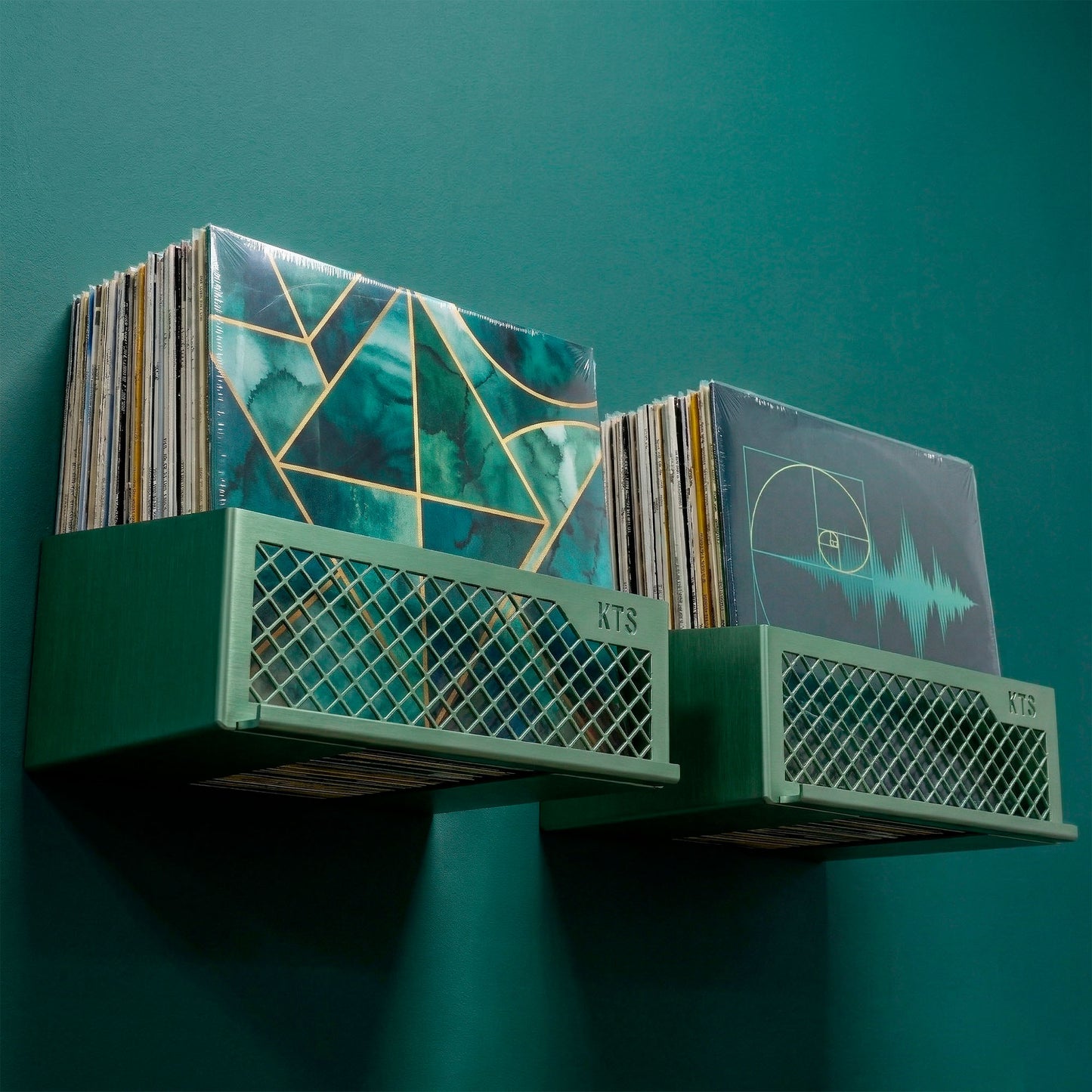 Flying V x2 double wall-mounted vinyl record shelf in silver aluminium finish on dark grey wall