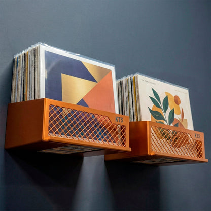 Flying V x2 wall-mounted vinyl display unit in purple finish holding LP records on mauve wall