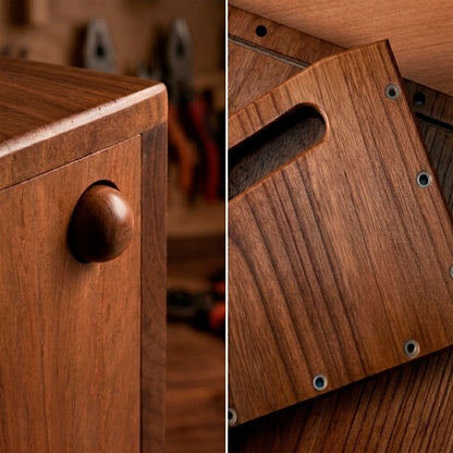 Close-up of a solid wood vinyl record storage cabinet detail — Keep Them Spinning