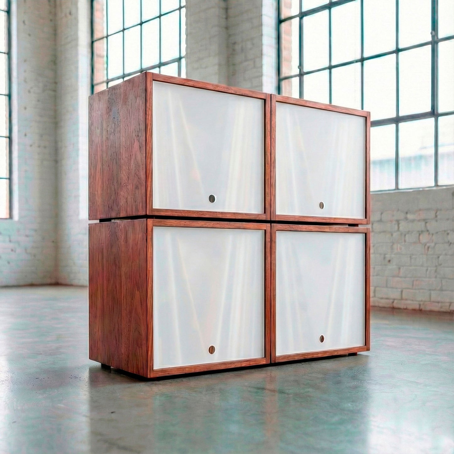 Stacked wooden cube storage for vinyl records, modern design furniture.