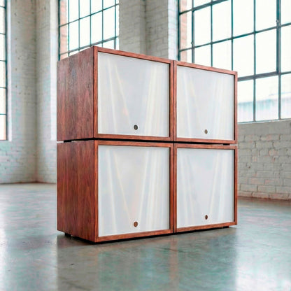 Stacked wooden cube storage for vinyl records, modern design furniture.