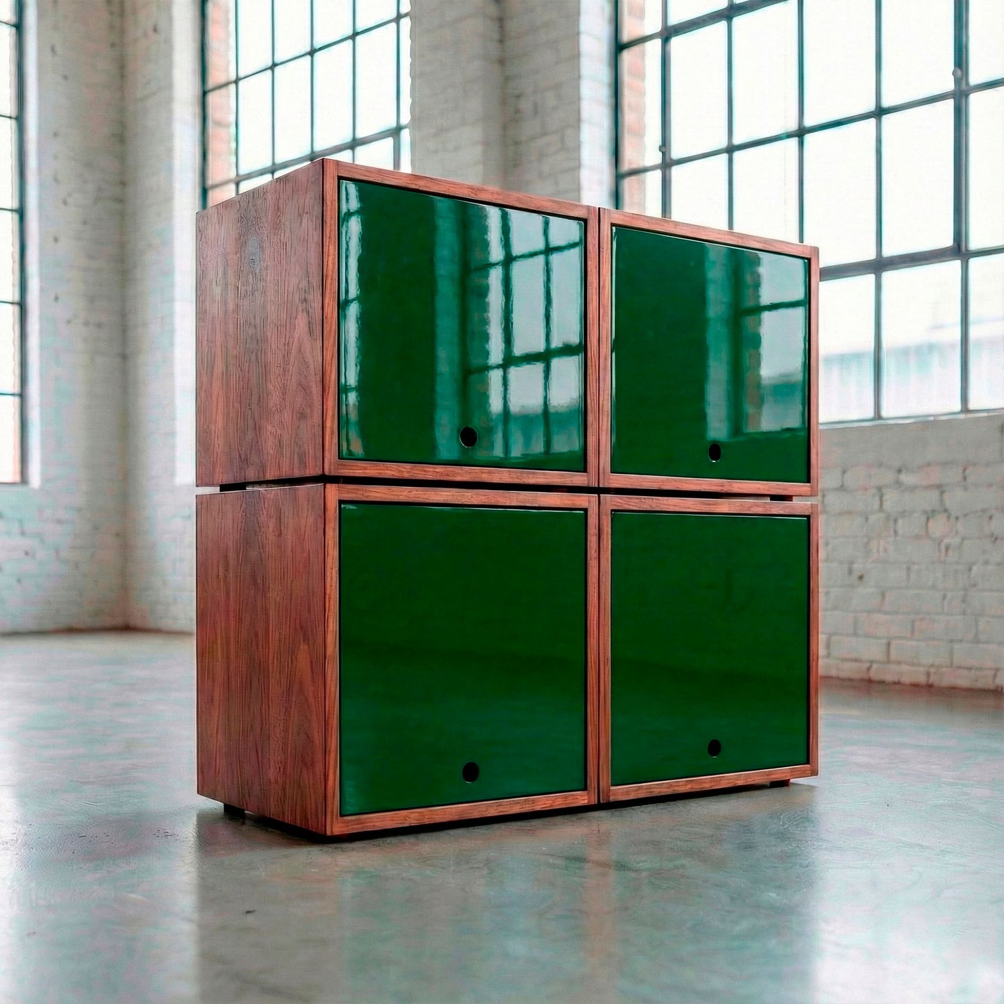 Modular wooden shelving unit for large record collection in an industrial loft.