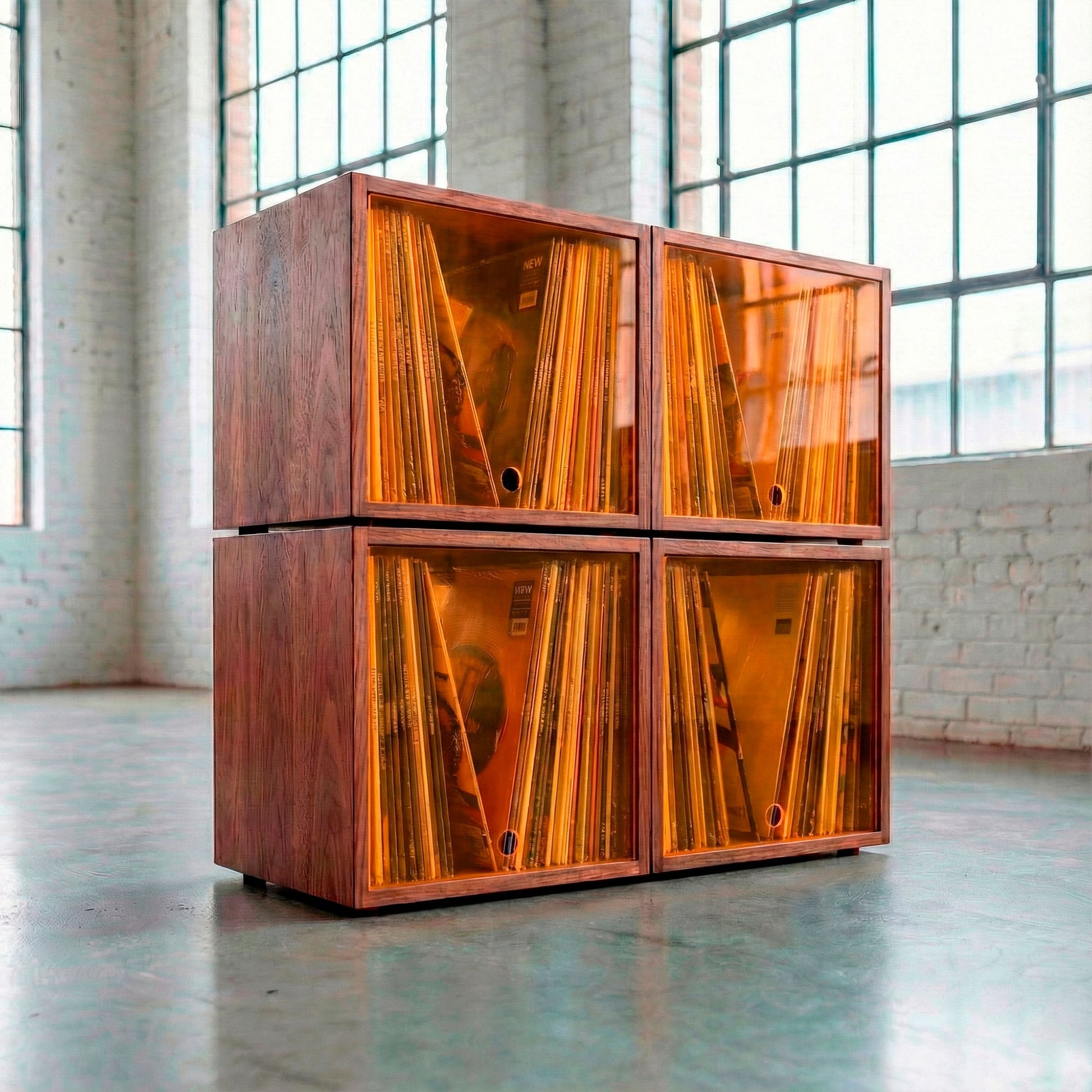 Cubos de almacenamiento de discos de vinilo de madera de nogal con puertas de acrílico ámbar, vitrina modular apilable para discos LP.