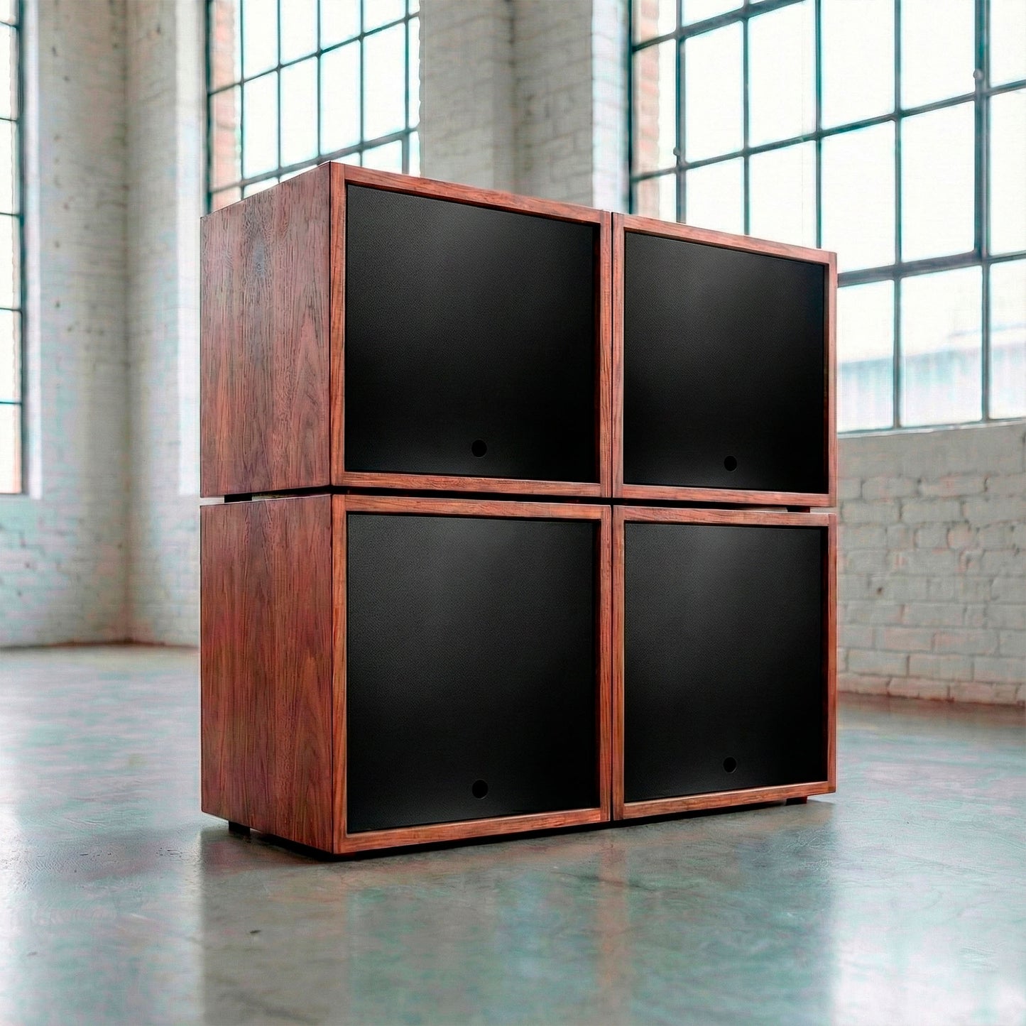 Dark wood vinyl record display and organization solution in warehouse setting.