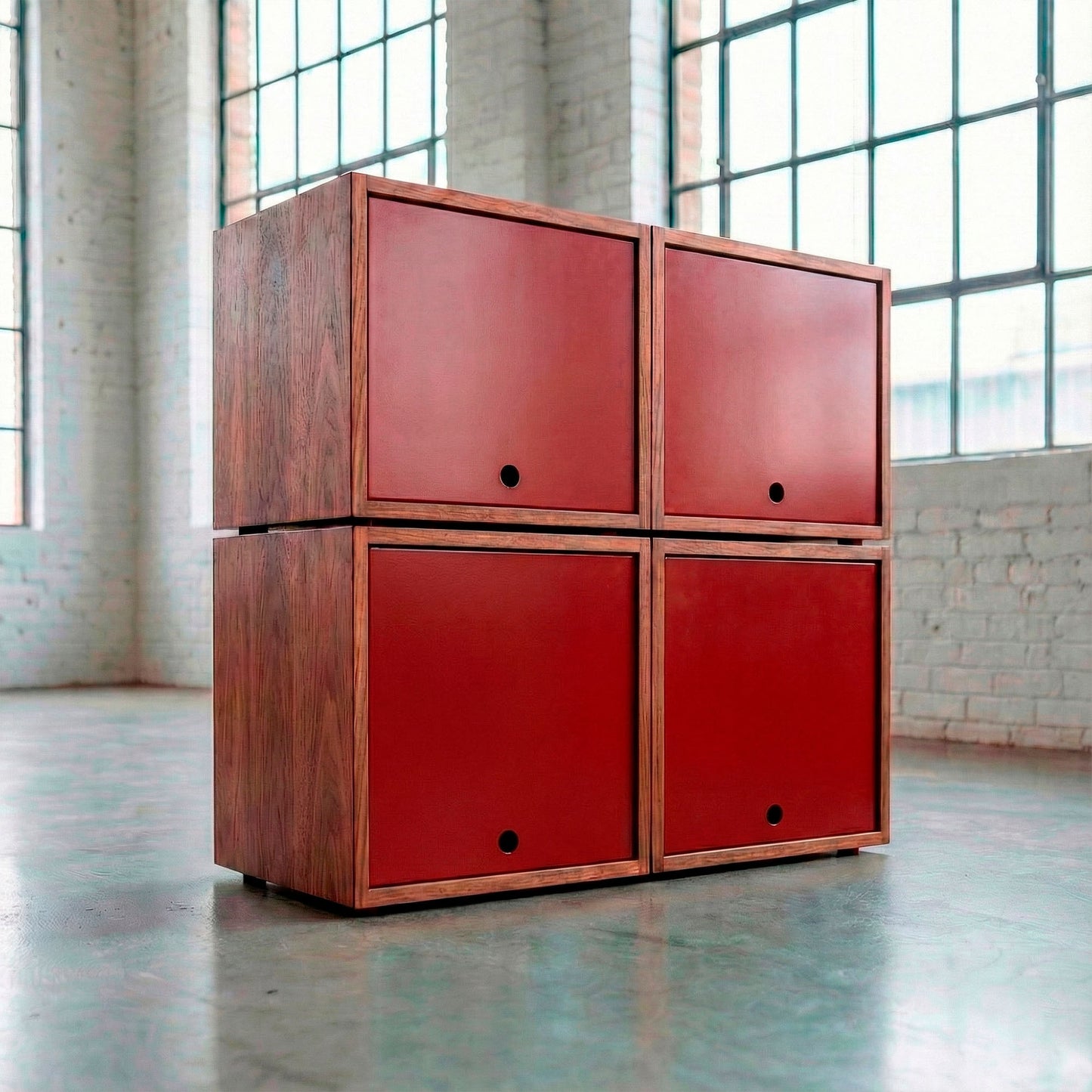 Solid walnut wood vinyl record storage cabinet with four filled cubes.