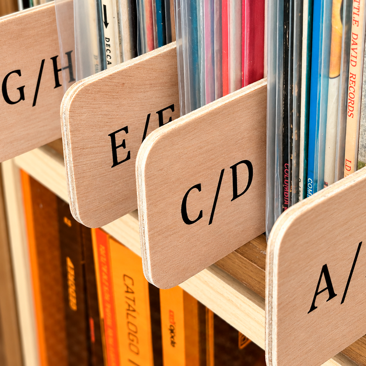 Plywood record dividers C/D, E/F and G/H standing between LPs on a record shelf