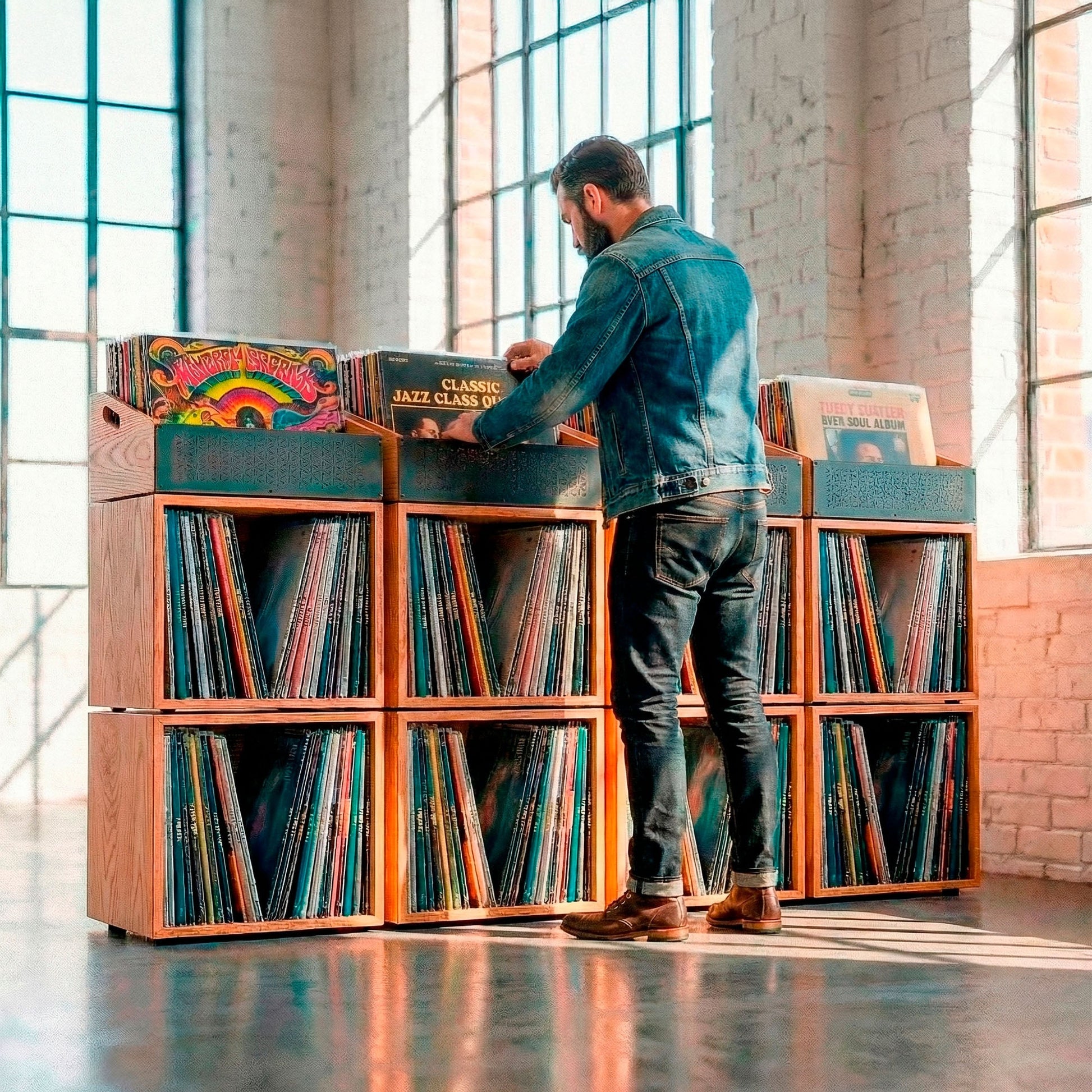 Digger's Wall modular vinyl storage with top browsing bins for organizing 600+ LP collections