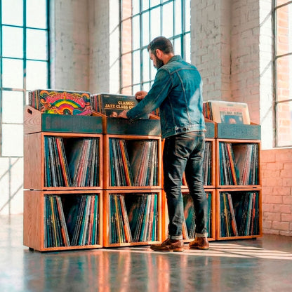 Scaffali modulari per dischi in vinile in legno con contenitori per la navigazione nella parte superiore, ideali per organizzare collezioni di LP.