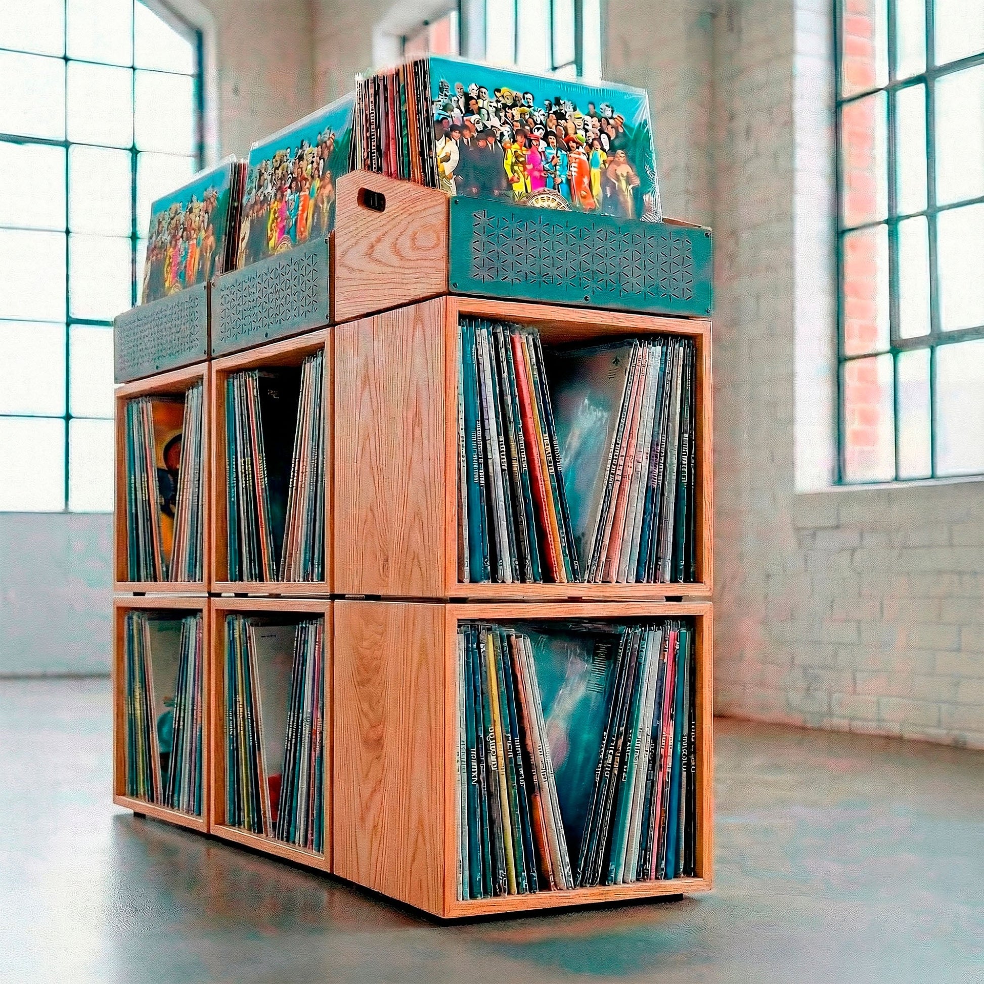 Close-up of solid wood vinyl record storage cubes from the Digger's Wall system