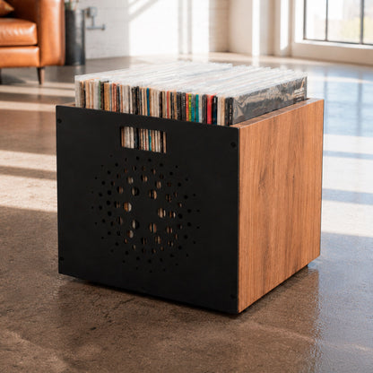 Mid-century Orbit vinyl record crate with integrated side handle