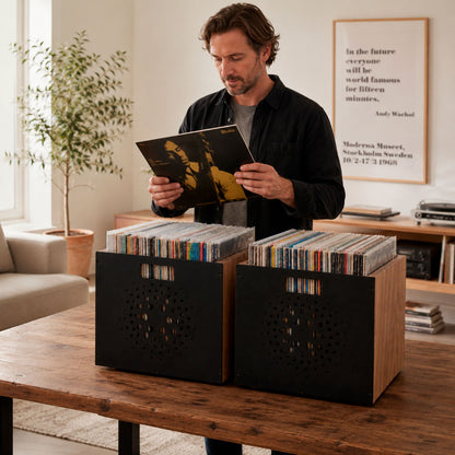 Two Orbit Box crates side by side displaying a 120-LP vinyl collection