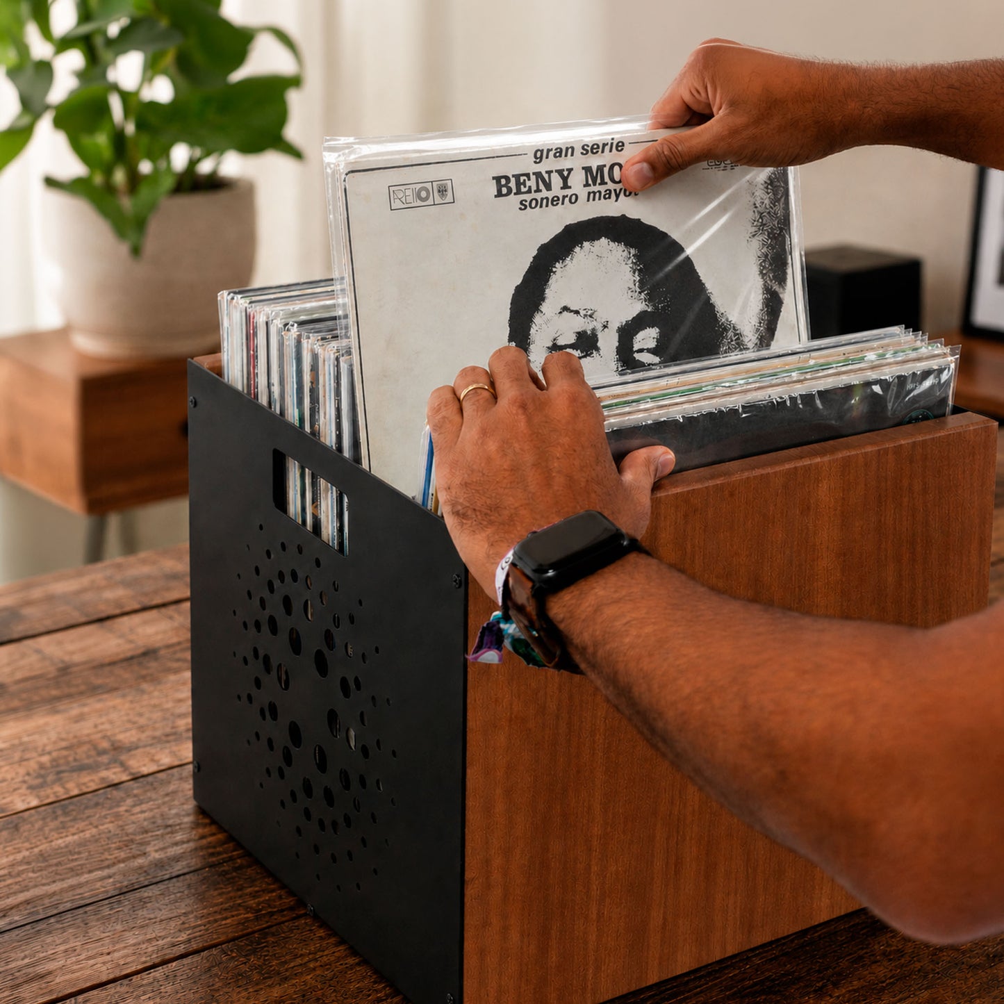 Walnut Orbit Box vinyl record crate with perforated orbital steel side panel