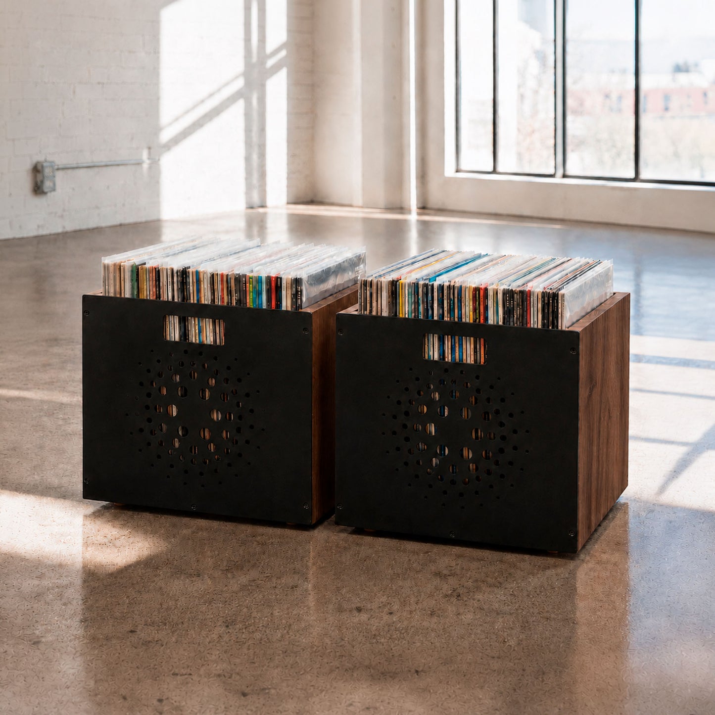 Pair of Orbit Box solid wood vinyl record crates full of records