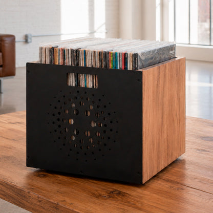 The Orbit Pair — two mid-century vinyl record crates with orbital steel fronts holding 120 LPs