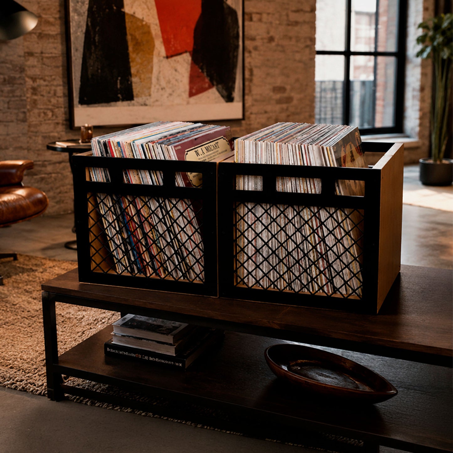 The Pair two-crate vinyl storage set by Keep Them Spinning in a listening room