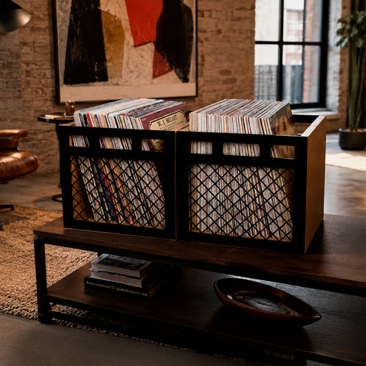 Ensemble de rangement pour vinyles à deux caisses The Pair par Keep Them Spinning dans une salle d'écoute