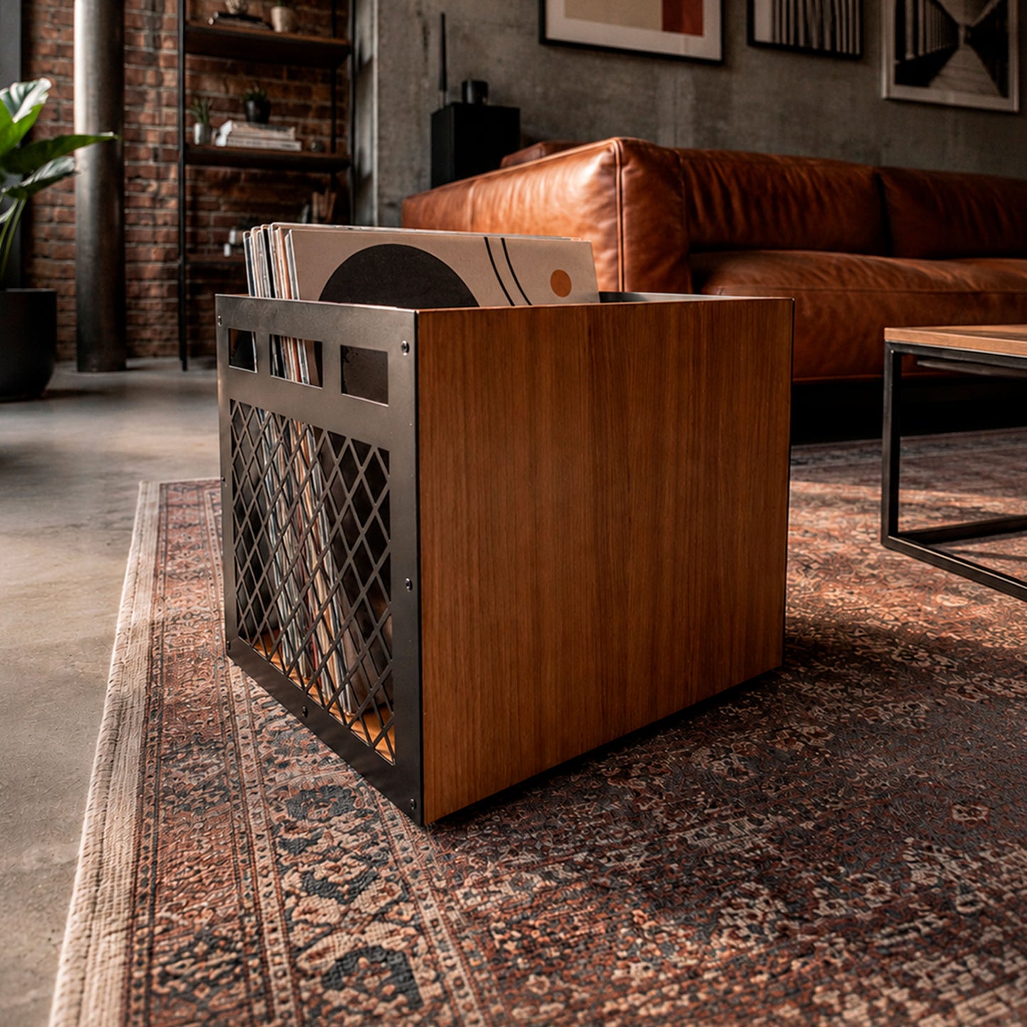 Solid wood vinyl record crate with integrated side handle, part of The Pair set