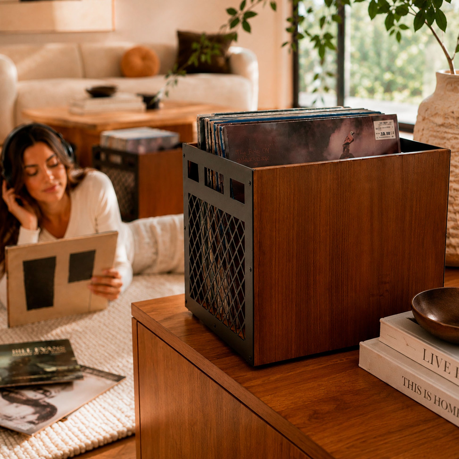 Two-crate vinyl storage set by Keep Them Spinning holding a 120-LP collection