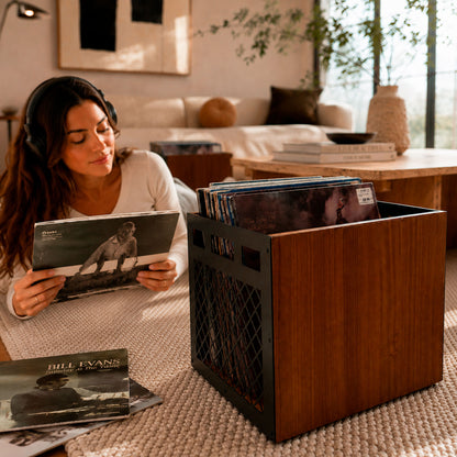 Close-up of the diamond-lattice steel front on a solid hardwood vinyl record crate