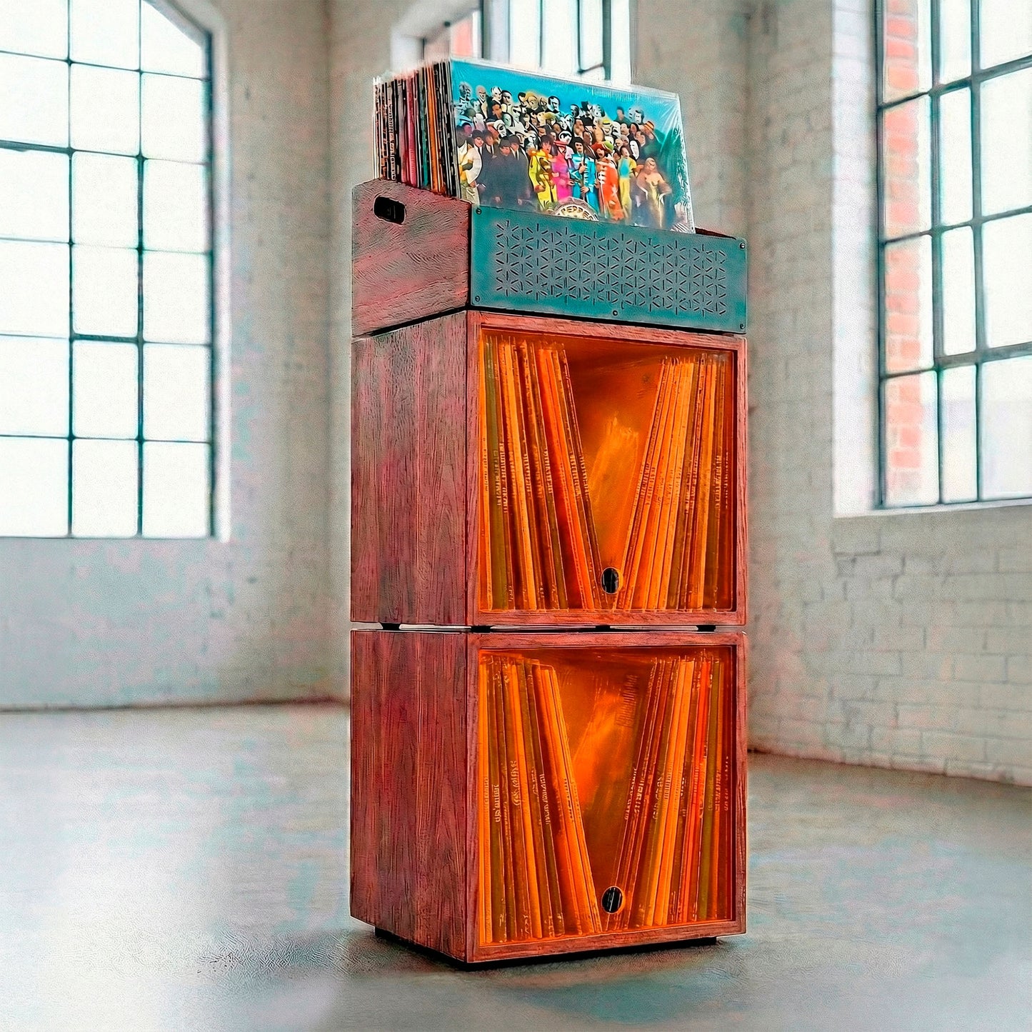 Stackable wooden vinyl record storage crates holding a large LP collection.
