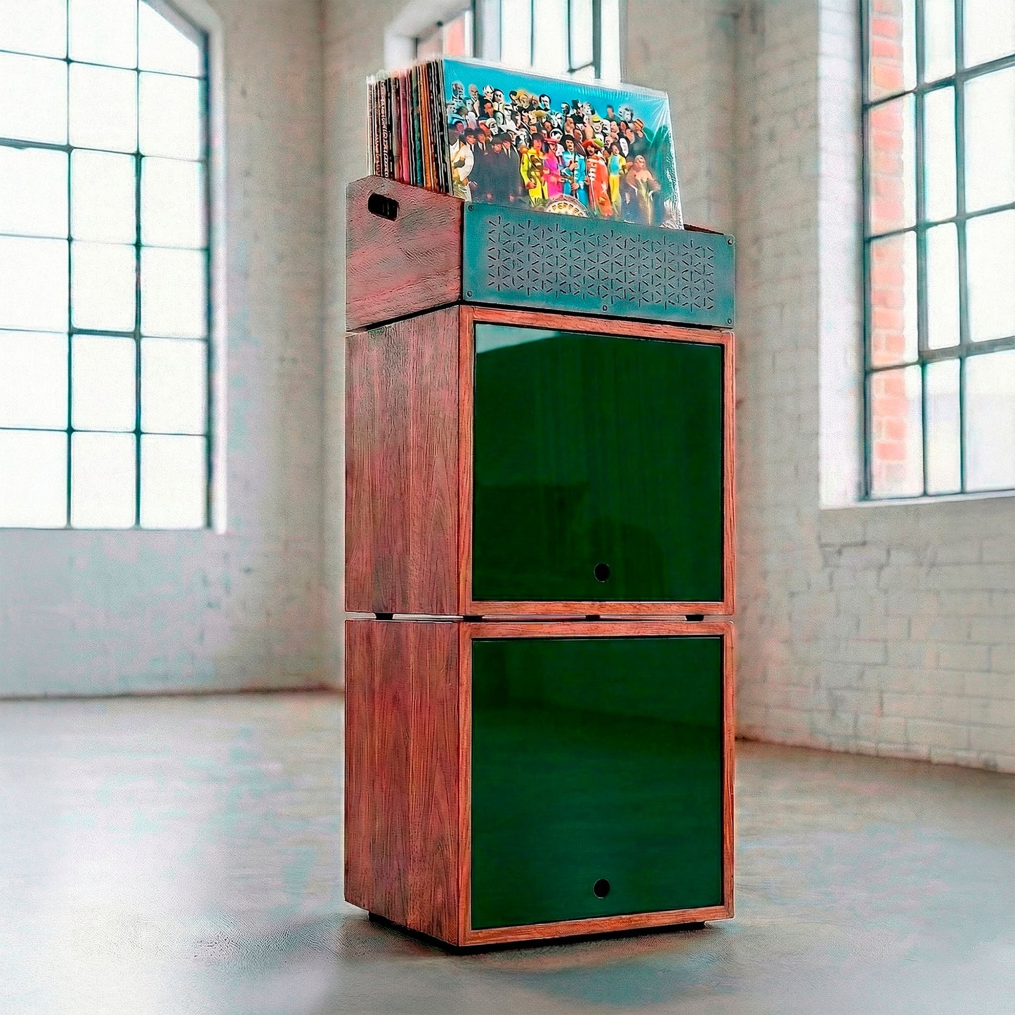 Audiophile furniture: dark wood vinyl stand for storing and browsing LPs.