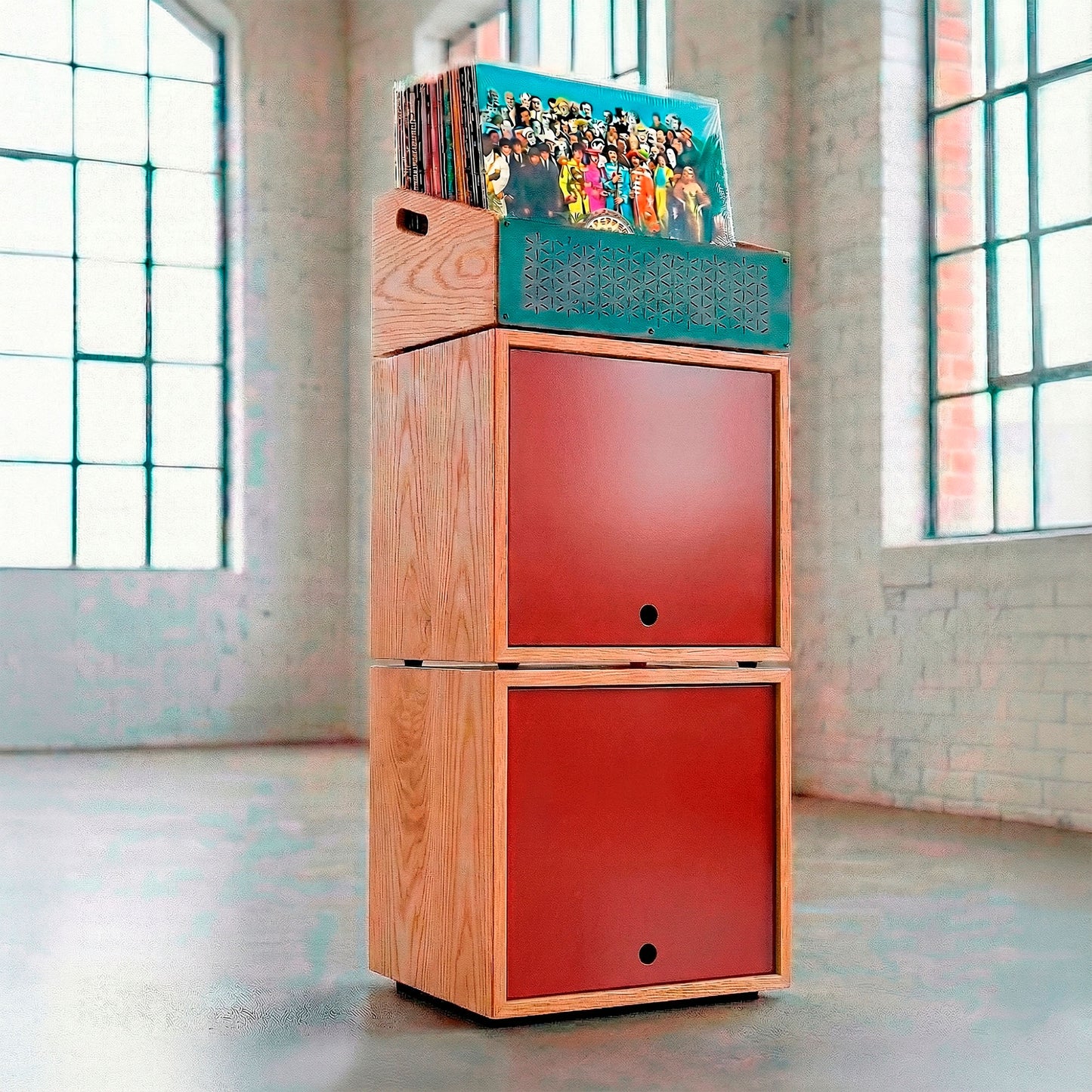 Mueble modular de madera oscura para almacenamiento y exhibición de discos de vinilo.