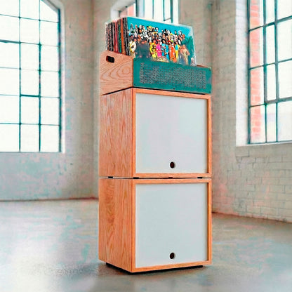 Modulares Vinyl-Regal mit drei Ebenen und Front-Display für Plattencover.