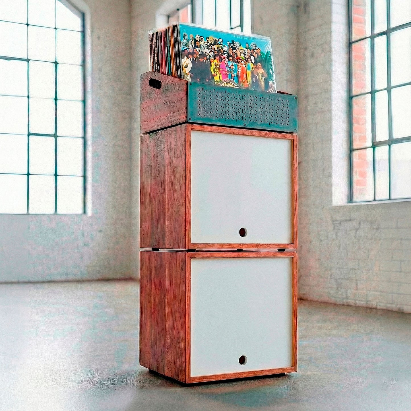 Mobile per dischi LP di design in legno con scomparto superiore espositivo.