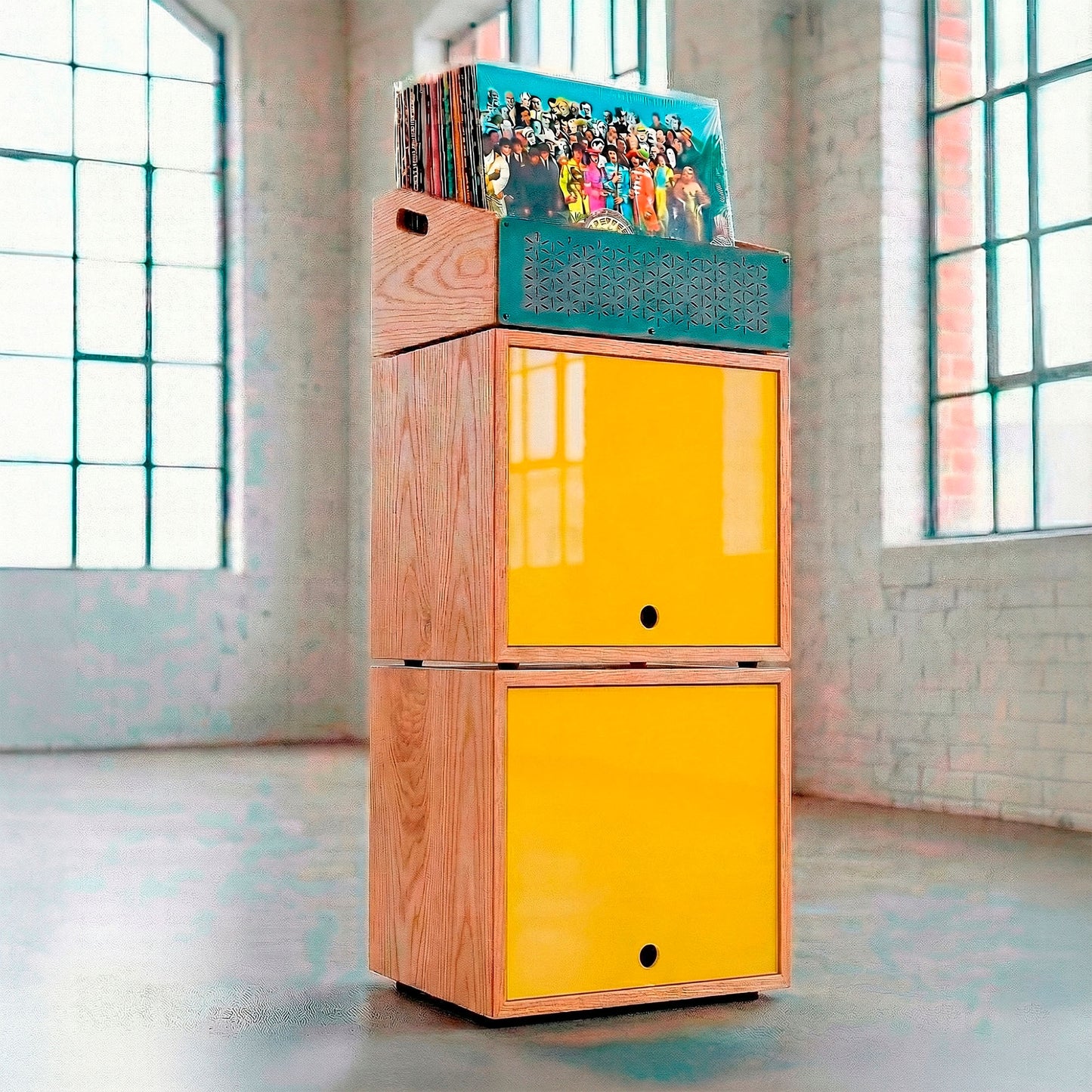 Modular 3-tier wooden record shelf with a metal front display unit.