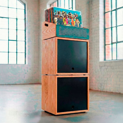 Handcrafted wooden record holder tower showing Sgt. Pepper's album cover on top.