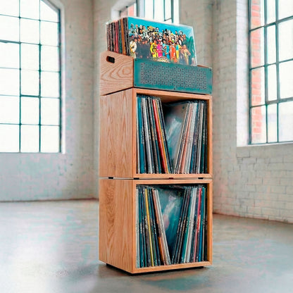 Estantería para discos de vinilo con soporte superior para exponer la portada del álbum.